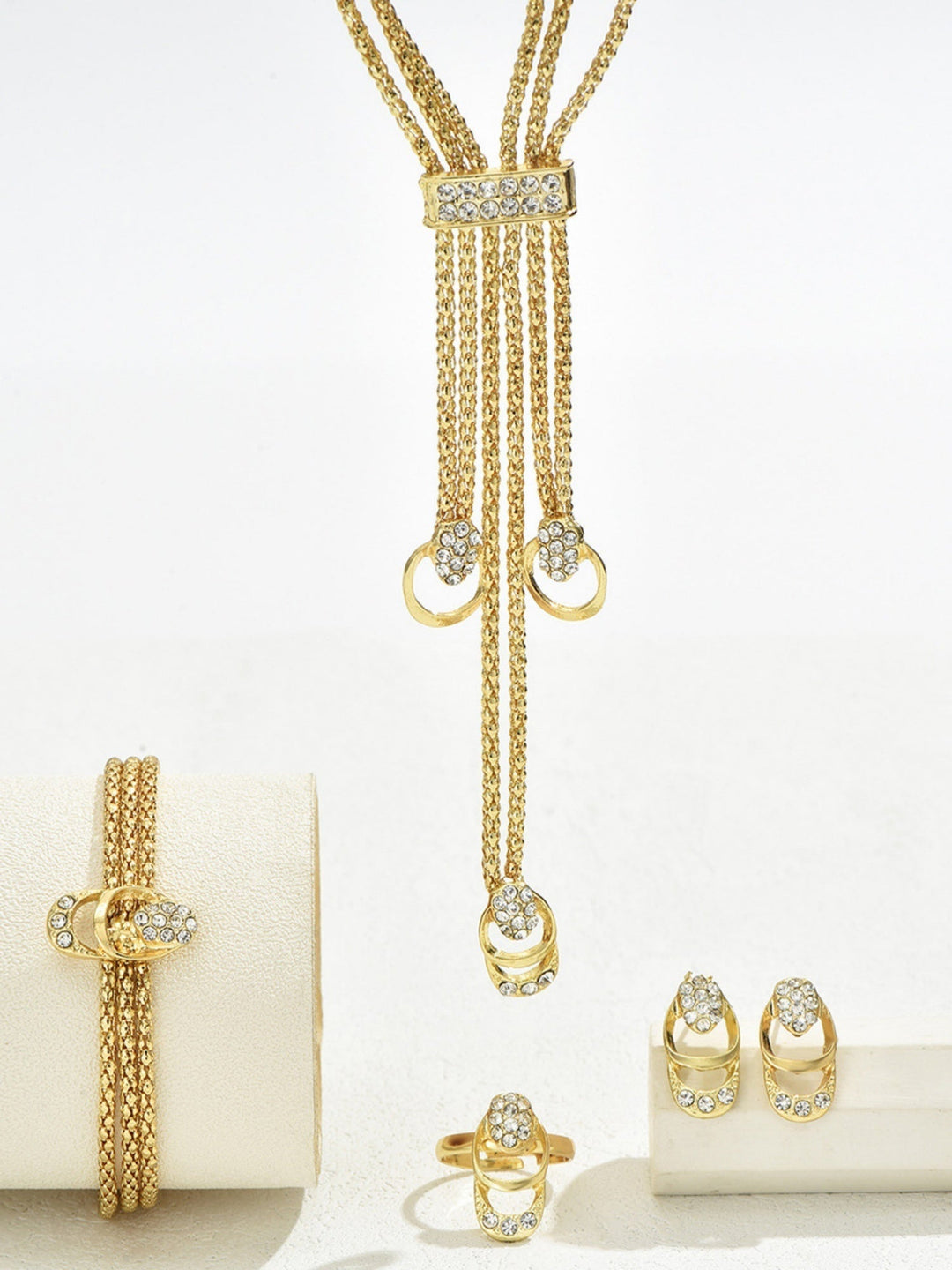 Diamond Inlay Necklace And Earrings Bracelet Ring Jewelry Sets