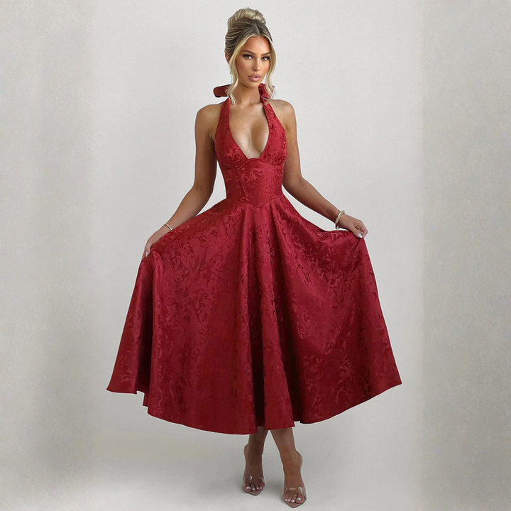 Greer™ - Chic Low Cut Sleeveless Open Back A-Line Halter Maxi Dress