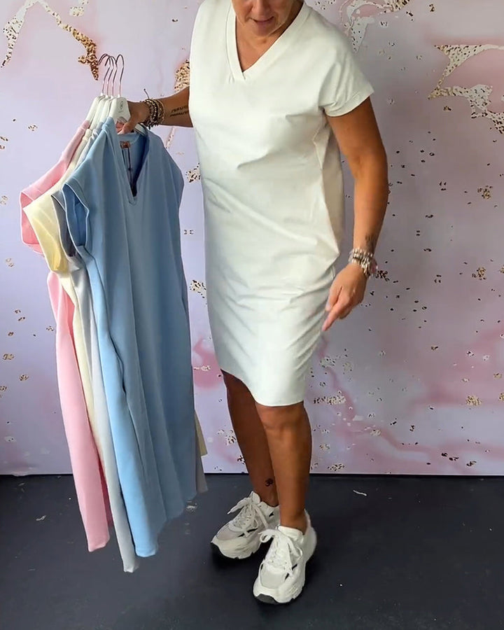 Solivelle | Solid V Neck Dress