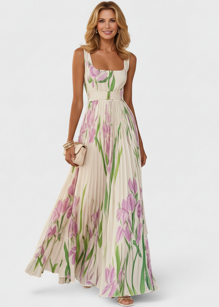 Fallon™ – Classic Elegant Square Neck Pleated Maxi Dress