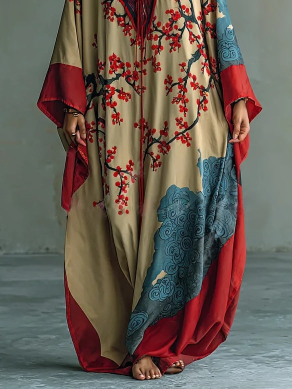 Ying | Japanese Red Plum Blossom Print Batwing Sleeve Maxi Dress