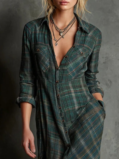 Loriviannea | Long Dress With Green Check Lapel